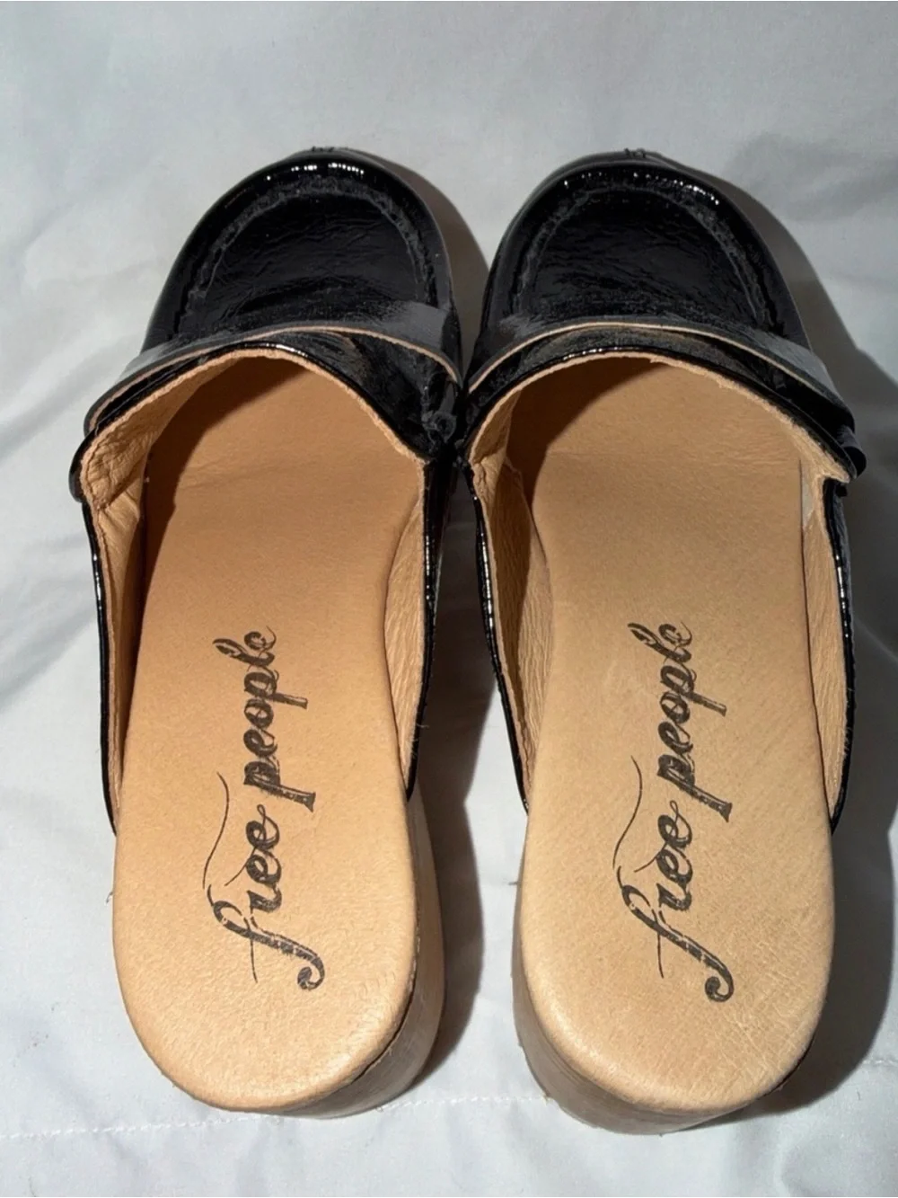 Free People Black Patent Leather Wood Clog Mule Loafers EU 37 Chunky Lug Sole